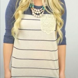 Striped Navy and Cream Ling Sleeve Top, Size L